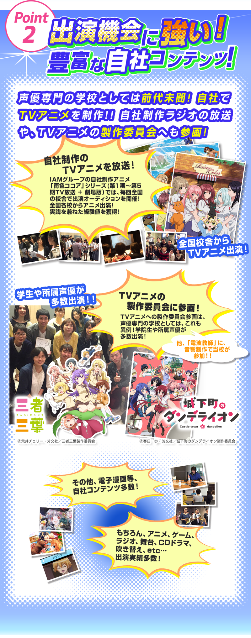 声優専門の学校「２：自社制作テレビアニメ、テレビアニメ製作委員会参画」